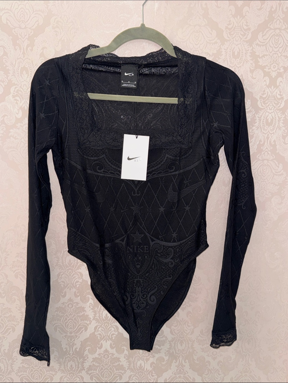 Nike Women’s Black Long-Sleeve Lace-Trim Bodysuit by Riccardo Tisci